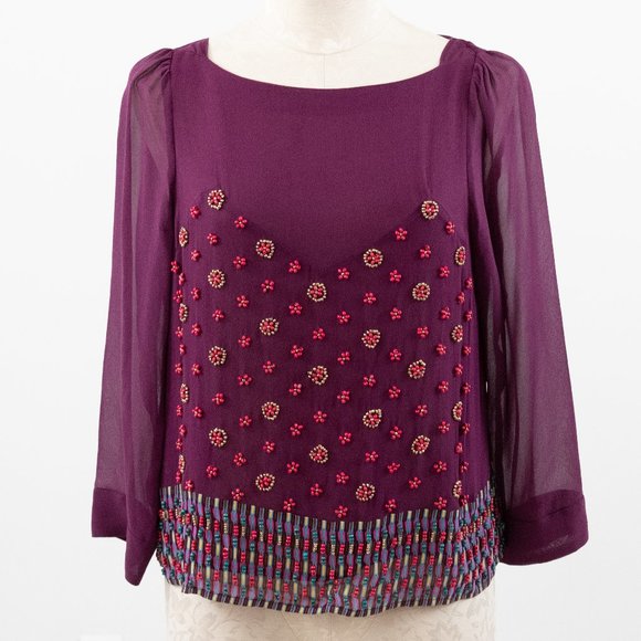 Anthropologie 6 Silk Floral Beaded Blouse Purple - Picture 1 of 10